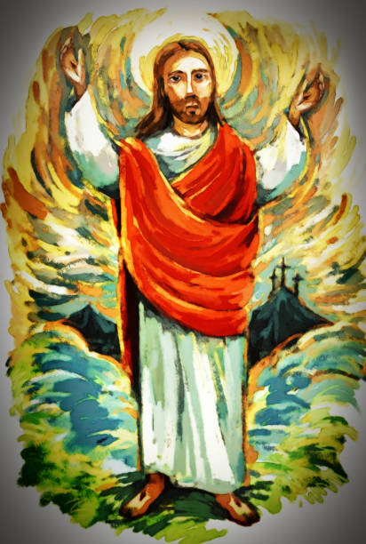 istock calm jesus messiah raising palm of hand in the background - illustration 1215212763