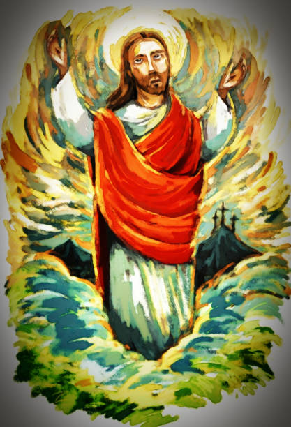 istock calm jesus messiah raising palm of hand in the background - illustration 1215212778