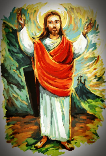 istock calm jesus messiah raising palm of hand in the background - illustration 1215212817