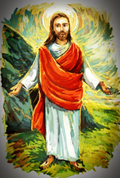 istock calm jesus messiah raising palm of hand in the background - illustration 1215212844