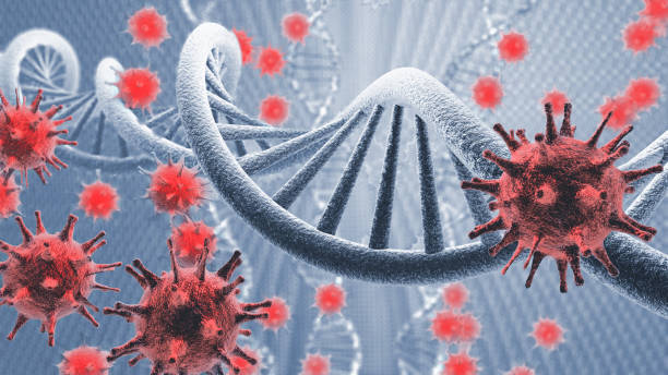 3D virus cells attacking a DNA strand stock photo