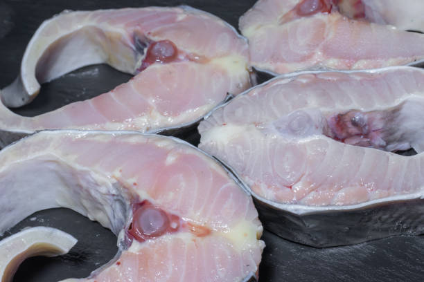 istock Fresh raw sturgeon steaks on dark backround 1215216761