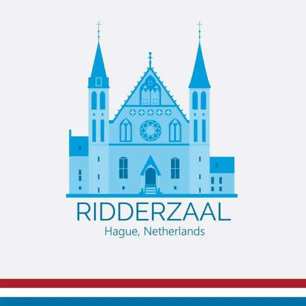 Vector illustration of Ridderzaal in Hague exterior. Hall of Knights building. Netherlands tourist attraction. Stylized monochrome flat style vector illustration.