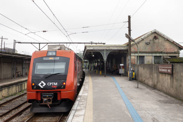 Rio Grande Da Serra, SP, Brazil - February 29, 2020: Train from Companhia Paulista de Trem Metropolitanos (CPTM) departing from the historic Rio Grande da Serra station.