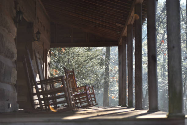 Rustic rocking chairs on a front porch of a log cabin.