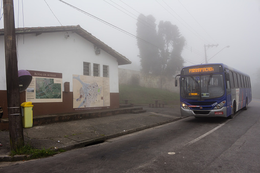 Paranapiacaba Village, Santo André, Sp, Brazil - February 29, 2020: Bus that connects the city with the Rio Grande da Serra station, which serves residents and tourists.
