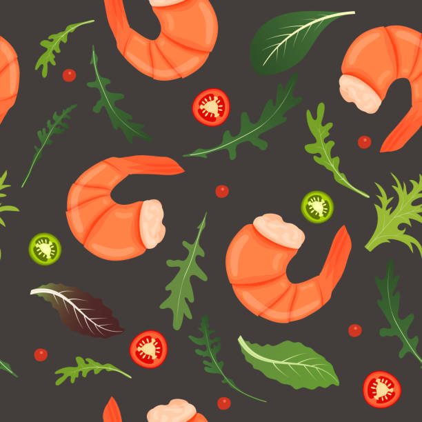 gotowane krewetki, papryka chili i mieszanka liści rukoli na ciemnym tle. krewetka tygrysa. ilustracja wektorowa. bezszwowy wzór. - cooked fried backgrounds preparation stock illustrations