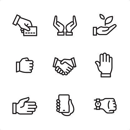 Hand Signs icons set #166
Specification: 9 icons, 48x48 pх, stroke weight 2 px
Features: Pixel Perfect, Single line, Black stroke color.

First row of icons contains:
Paying, Hands Cupped, Holding a Sprout;

Second row contains:
Fist, Handshake, Palm of Hand;

Third row contains:
High-Five, Holding Phone, Hand Watch.

Complete Ninico Black collection - https://www.istockphoto.com/collaboration/boards/_8J4wyhRq0-n06eRHvpGzA