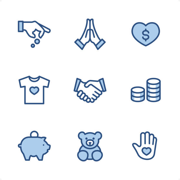 ilustrações de stock, clip art, desenhos animados e ícones de volunteer and charity - pixel perfect blue icons - praying charity and relief work fundraiser heart shape