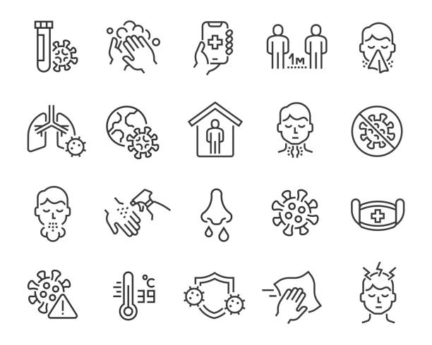 Flu and coronavirus icons set. Editable vector stroke Flu and coronavirus icons set. Collection of linear simple web icons such as hygiene, disinfection, symptoms, treatment, virus, prevention and other. Editable vector stroke. all people stock illustrations