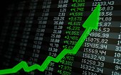 Stock market boom, financial gains, safe investment concept. Green arrow soaring over financial figures. Digital 3D render.