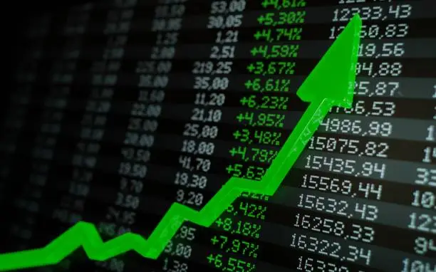 Photo of Stock market boom, financial gains, safe investment concept. Green arrow soaring over financial figures. Digital 3D render.