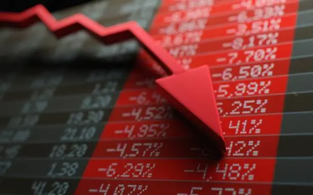 Stock market crash and panic, financial losses, economic recession concept. Red arrow over negative financial figures. Digital 3D render.