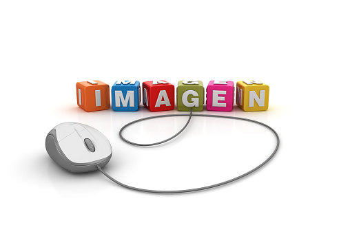 IMAGEN Buzzword Cubes with Computer Mouse - Spanish Word - White Background - 3D Rendering