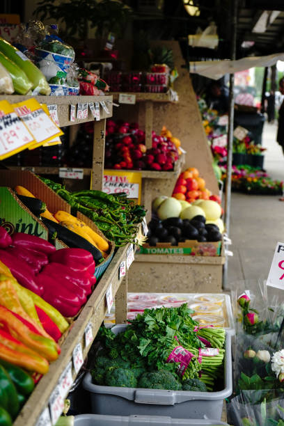 istock Fruit and vegetables displayed outside on a market stand 1215232516