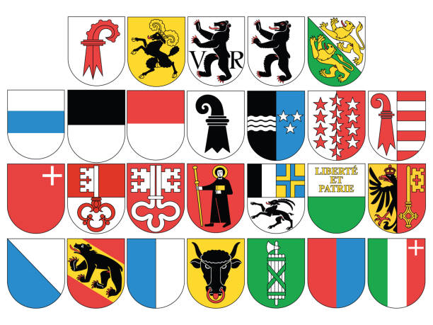 Set of Swiss Cantonal Coats of Arms Coat of Arms of Swiss Cantons Set Collection switzerland stock illustrations
