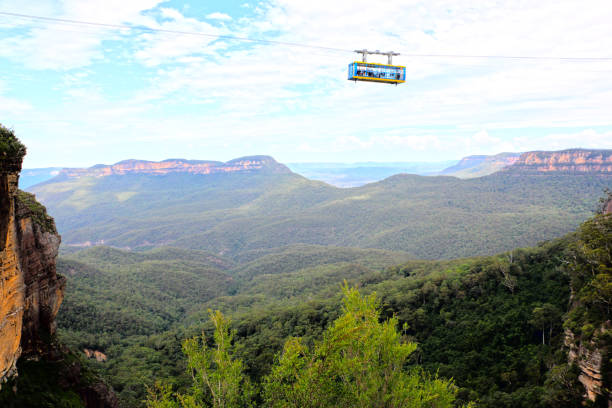 Scenic World's 'scenic skyway' cable car above the mountains, Katoomba stock photo