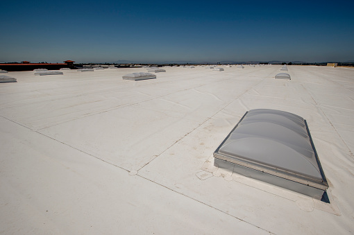 Large membrane roof with skylights.