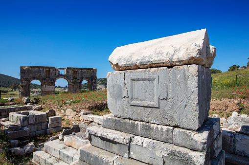 Patara (Pttra). Ruins of the ancient Lycian city Patara. Amphi-theatre and the assembly hall of Lycia public. Patara was at the Lycia (Lycian) League's capital. Aerial view shooting. Antalya, TURKEY