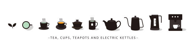 お茶、カップ、ティーポット、電気ポットのアイコンセット - 紅茶点のイラスト素材／クリップアート素材／マンガ素材／アイコン素材
