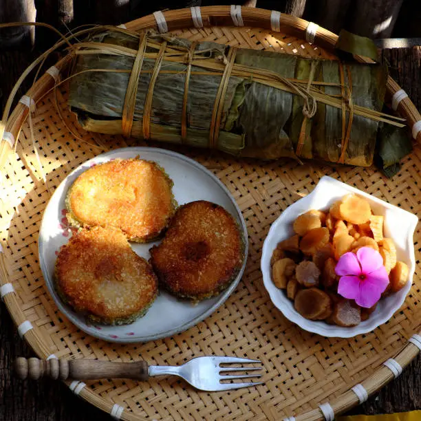 Close up of Vietnamese traditional food for Tet holidays, delicious fried glutinous rice cake on plate on wooden background for breakfast
