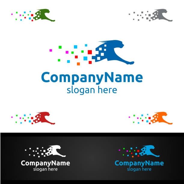 speed digital marketing symbol mit geparden oder tiger design konzept - maskottchen grafiken stock-grafiken, -clipart, -cartoons und -symbole