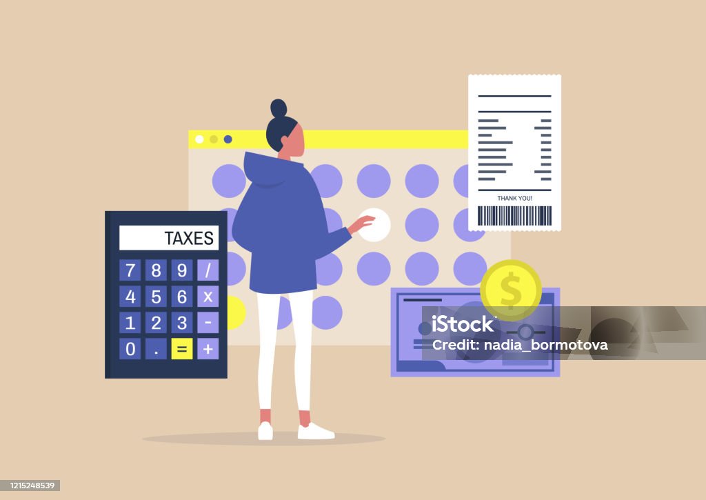 Young female character filing a tax return, Declaring an income Home Finances stock vector