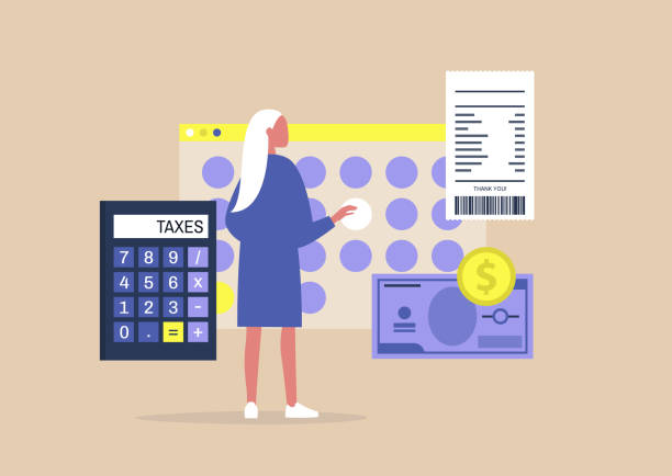 młoda kobieta składająca zeznanie podatkowe, deklarując dochód - finance business data tax stock illustrations