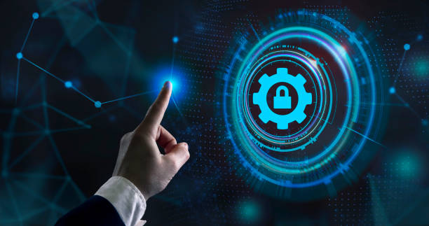istock Cyber security data protection business technology privacy concept. Young businessman  select the icon security on the virtual display. 1215248576