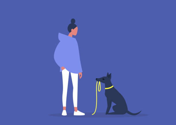 illustrations, cliparts, dessins animés et icônes de chiot maigre noir mignon insistant sur une promenade, la vie domestique, le jeune propriétaire féminin avec leur chien - dog pets advice women