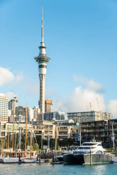 Photo of The sky tower view from Viaduct Harbour in the central of Auckland, New Zealand.