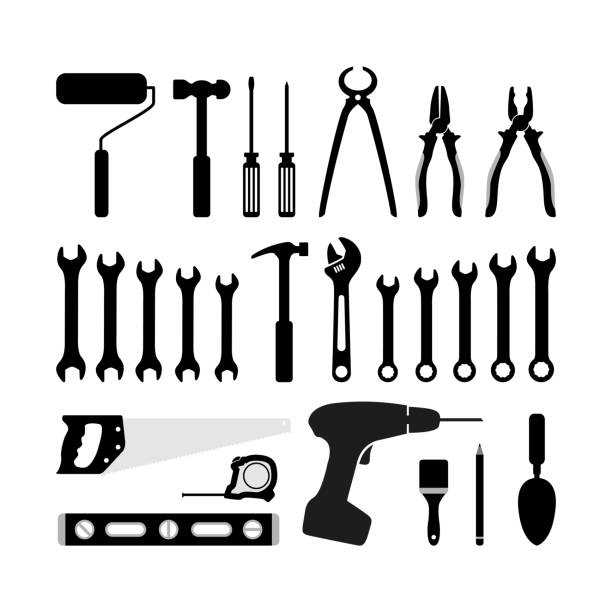 실루엣 목공 도구 아이콘 - hand drill work tool white white background stock illustrations