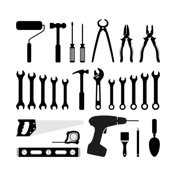 ilustrações, clipart, desenhos animados e ícones de ícone da ferramenta de carpintaria silhueta - hand drill work tool white white background