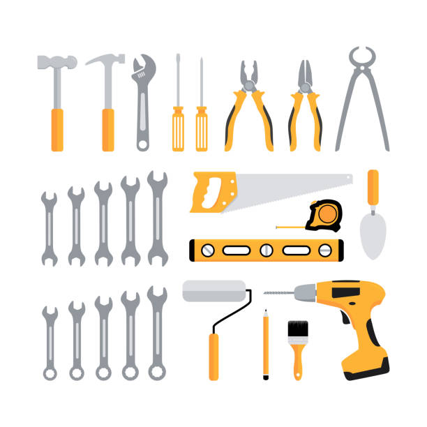 ilustraciones, imágenes clip art, dibujos animados e iconos de stock de icono de herramientas de carpintería - wrench ruler screwdriver hammer