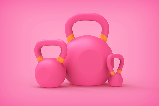 3d rendering gym equipment weight kettle bells concept pink background stock photo