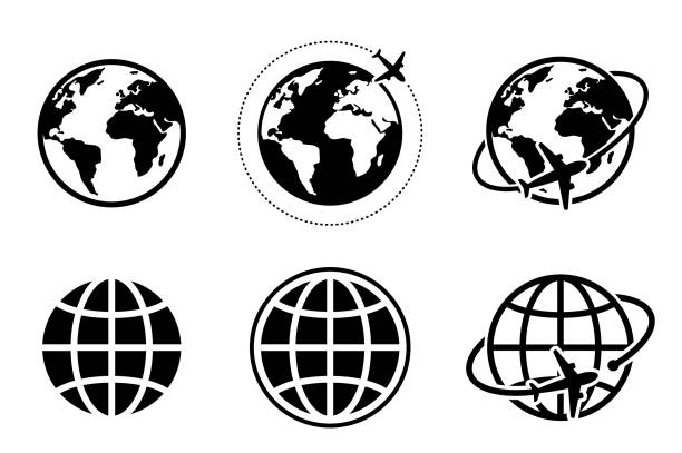 globus und flugzeug-ikone des globalen bildes - global stock-grafiken, -clipart, -cartoons und -symbole