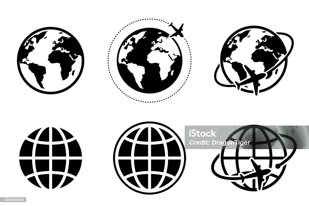 ikona globalnego obrazu globu i samolotu - Grafika wektorowa royalty-free (Globus - Wyposażenie do nawigacji)