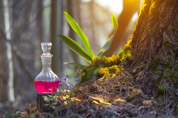 Essence of pine on a table in a beautiful glass jar