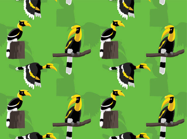 große hornvogel fliegen cartoon vektor nahtlose hintergrund wallpaper-01 - doppelhornvogel stock-grafiken, -clipart, -cartoons und -symbole