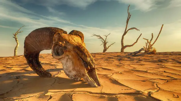 Photo of Animal skull on dry land desert landscape . This is a 3d render illustration .