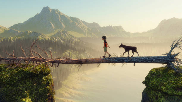 Kid and a dog crossing a gap between two mountains peaks on a fallen tree . This is a 3d render illustration .