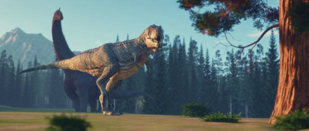 istock T rex and a branchiosaurus in the jurassic valley . This is a 3d render illustration . 1215261097