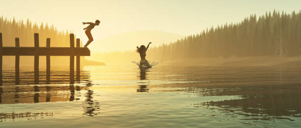istock Couple jumping into the lake from a pontoon during sunset . This is a 3d render illustration . 1215261112