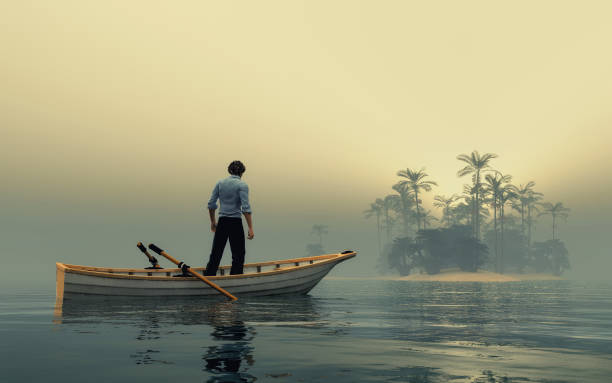 Man standing in a boat looking at a far island, during sunset at lake . This is a 3d render illustration .