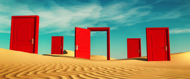 istock Multiple closed doors in the desert with one open . This is a 3d render illustration . 1215261139