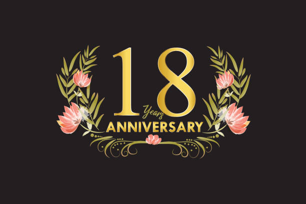 ilustrações de stock, clip art, desenhos animados e ícones de 18 years anniversary happy birthday golden watercolor flower card - 18 19 years number 18 birthday cake