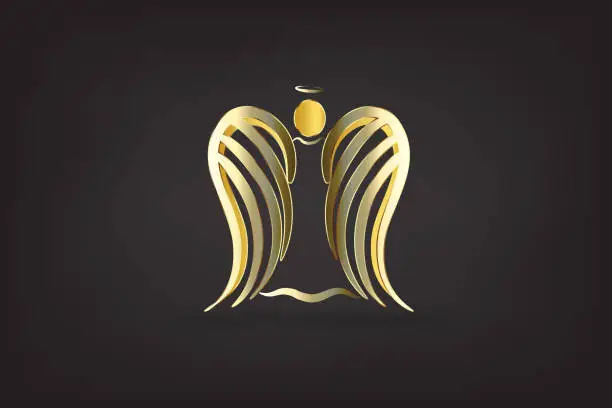 Vector illustration of Christmas angel gold sketch symbol