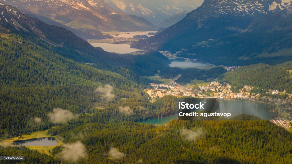 Dramatic Alpine landscape above St Moritz, Engadine – Muottas Muragl – Switzerland Above Stock Photo