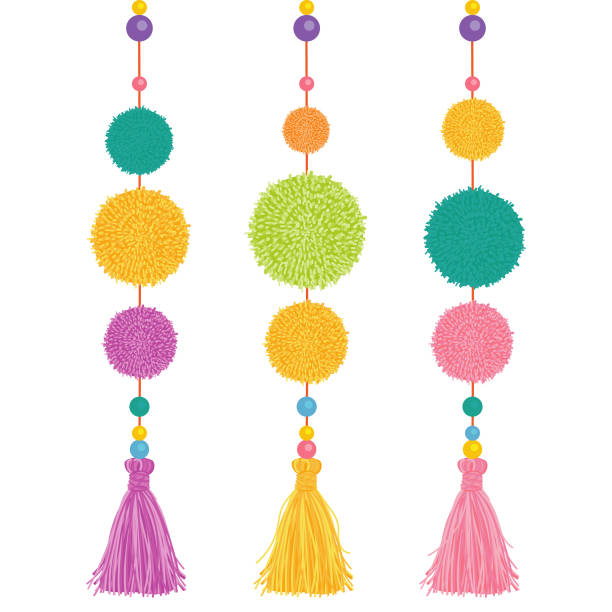 Happy Colors Hanging Vector Pompoms and Tassels Vector Happy Colorful Birthday Party Pom Poms, Beads, and Tassels Set Of Elements. Great for handmade cards, invitations, nursery designs. fringe stock illustrations