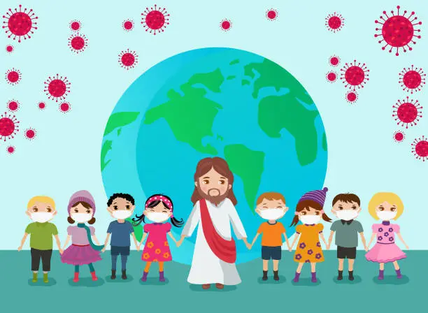 Vector illustration of Jesus protecting all Children across the globe from the covid-19 pandemic.